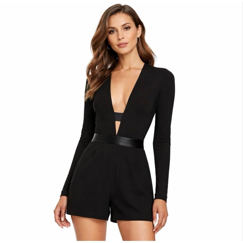 Diane Von Furstenberg Kyara Romper Black Long Sleeve Deep V Satin Trim NWT Size